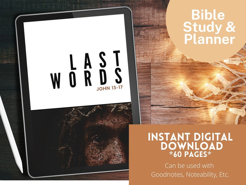 A digital planner for Bible study in GoodNotes, featuring the passages from John 13-17. The planner is in portrait orientation and is hyperlinked for easy navigation. It also includes the colors of 2023 and is available for instant download.