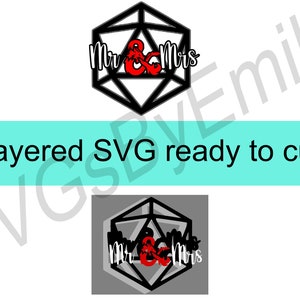 D&D D20 Dungeons and Dragons Mr Mrs Dice Wedding Engagement Cake Topper File SVG a strati