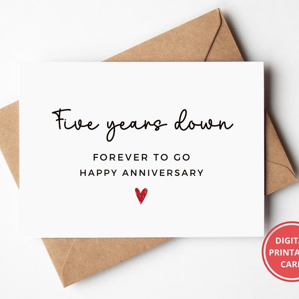 5th Anniversary Card, Fifth Anniversary, FiveYears, 5 Years Anniversary, Card For Him, Card For Her,Greeting Card,Printable,Instant Download