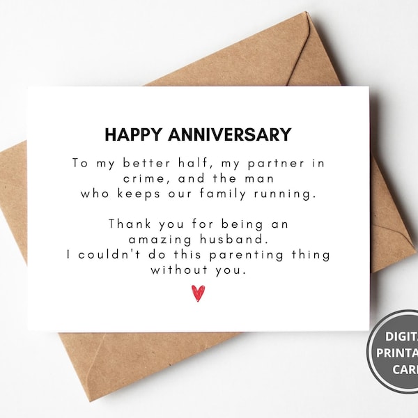 Anniversary Card for Husband from Wife, Romantic Anniversary Card for Partner, Printable Husband Appreciation, Adorable Husband Anniversary