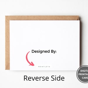 May include: A white card with the text "Designed By:" and an arrow pointing to the text "PRINTLETA" in a pink color. The card also has the text "Reverse Side" and a gray circle with the text "DIGITAL PRINTABLE CARD".