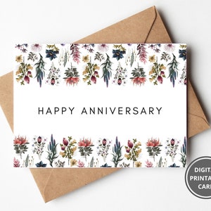 Floral Anniversary Card, Botanical Wildflowers Flower Art Card, Garden Card, Watercolour Card, Printable Anniversary Card