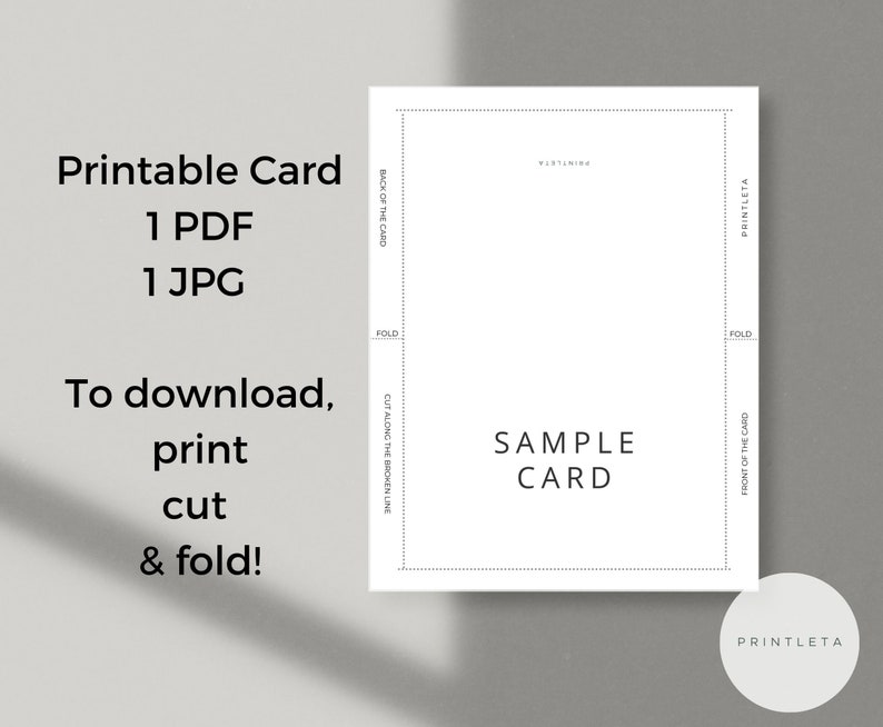 Peut inclure: Mod&egrave;le de carte imprimable avec des instructions pour t&eacute;l&eacute;charger, imprimer, d&eacute;couper et plier. Le mod&egrave;le montre l'avant et le dos de la carte avec des lignes de pliage et un texte d'exemple de carte qui dit "SAMPLE CARD".