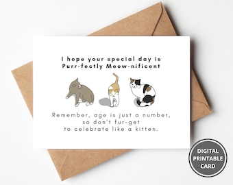 Tarjeta de cumpleaños de gatos, tarjeta de gato divertida imprimible, tarjeta linda para amante de los gatos, tarjeta de cumpleaños para el dueño del gato, descarga instantánea