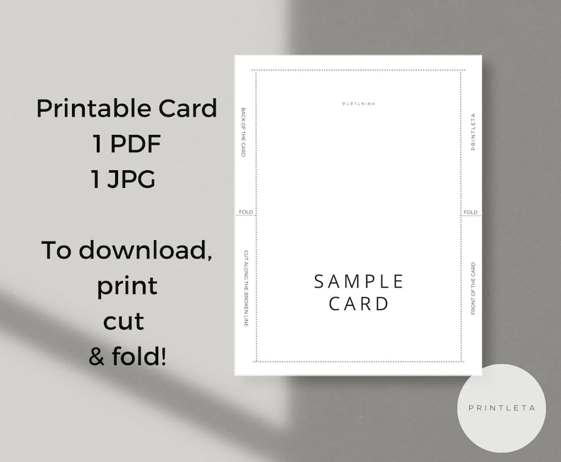May include: Printable card template with instructions to download, print, cut, and fold. The template shows the front and back of the card with fold lines and a sample card text that says "SAMPLE CARD".