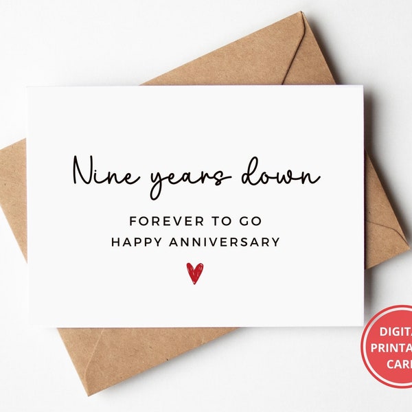 9th Anniversary Card, 9 Years Anniversary, Nine Years Together, Card For Him, Card For Her, Greeting Card, Printable, Instant Download