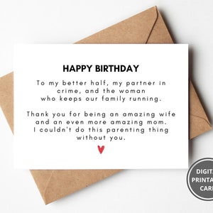 Cartão de aniversário para esposa do marido, cartão imprimível para parceiro, agradecimento da esposa, cartão de aniversário fofo para mãe de primeira viagem, nova mãe