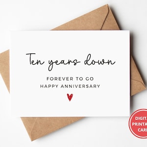 Tarjeta del décimo aniversario, 10 años de aniversario, diez años juntos, tarjeta para él, tarjeta para ella, tarjeta de felicitación, imprimible, descarga instantánea