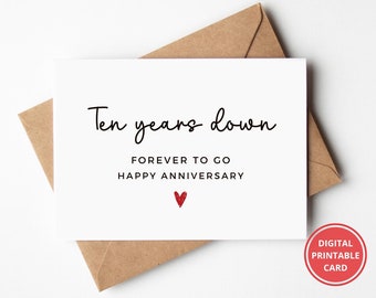 10th Anniversary Card, 10 Years Anniversary, Ten Years Together, Card For Him, Card For Her, Greeting Card, Printable, Instant Download