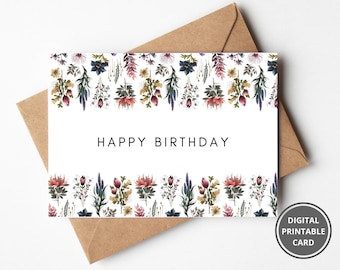 Blumen Geburtstagskarte, botanische Wildblumen Blumen Kunst Karte, Garten Karte, Aquarell Karte, druckbare Geburtstagskarte