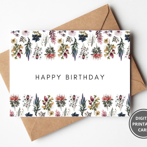 Floral Birthday Card, Botanical Wildflowers Flower Art Card, Garden Card, Watercolour Card, Printable Birthday Card