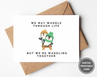 Carte amour pingouin, carte de voeux d'anniversaire, carte de Saint Valentin, carte mignonne romantique, imprimable, téléchargement immédiat