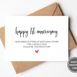 Biglietto di primo anniversario per il marito, Biglietto di anniversario stampabile per lei, Regalo di anniversario per la moglie, Biglietto di anniversario divertente per lui