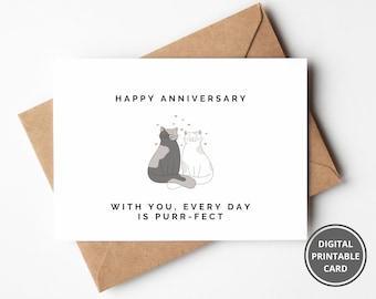 Cute Cats Anniversary Card, Printable Anniversary Card for Him Her Husband Boyfriend Girlfriend, Cat Love Card