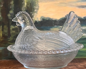 レア物！送料込▪ゴーストクロック innermost社▪イギリス▪ガラスクロック Marigold Carnival Glass Depression Style Chicken Hen on Nest Candy