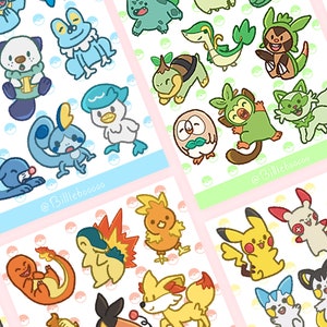 Słodkie Poke Starters | Wodoodporny winylowy arkusz naklejek Kiss-cut | Uroczy fanart anime i gier wideo
