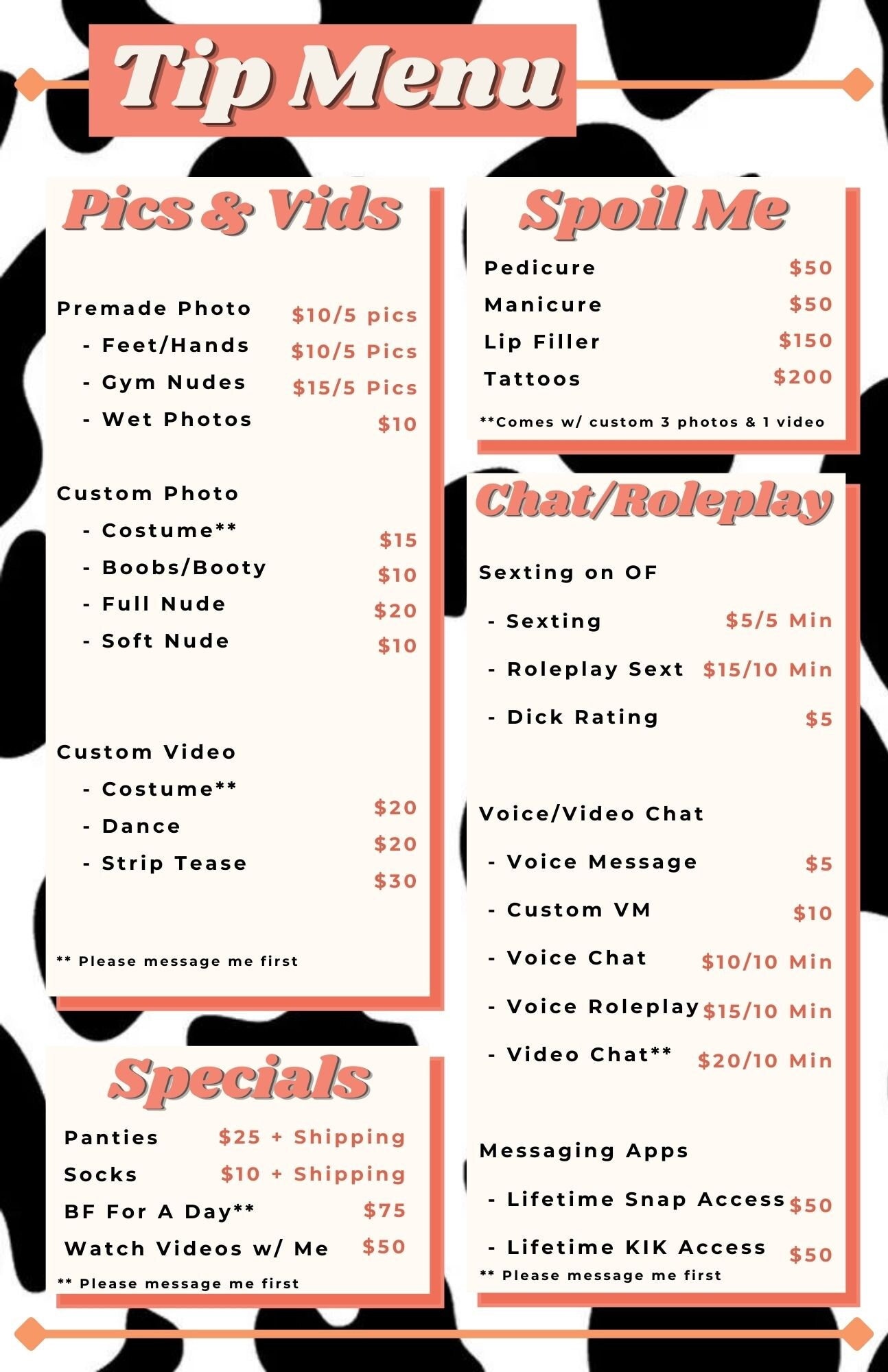 Tip Price List Onlyfans Menu Template 
