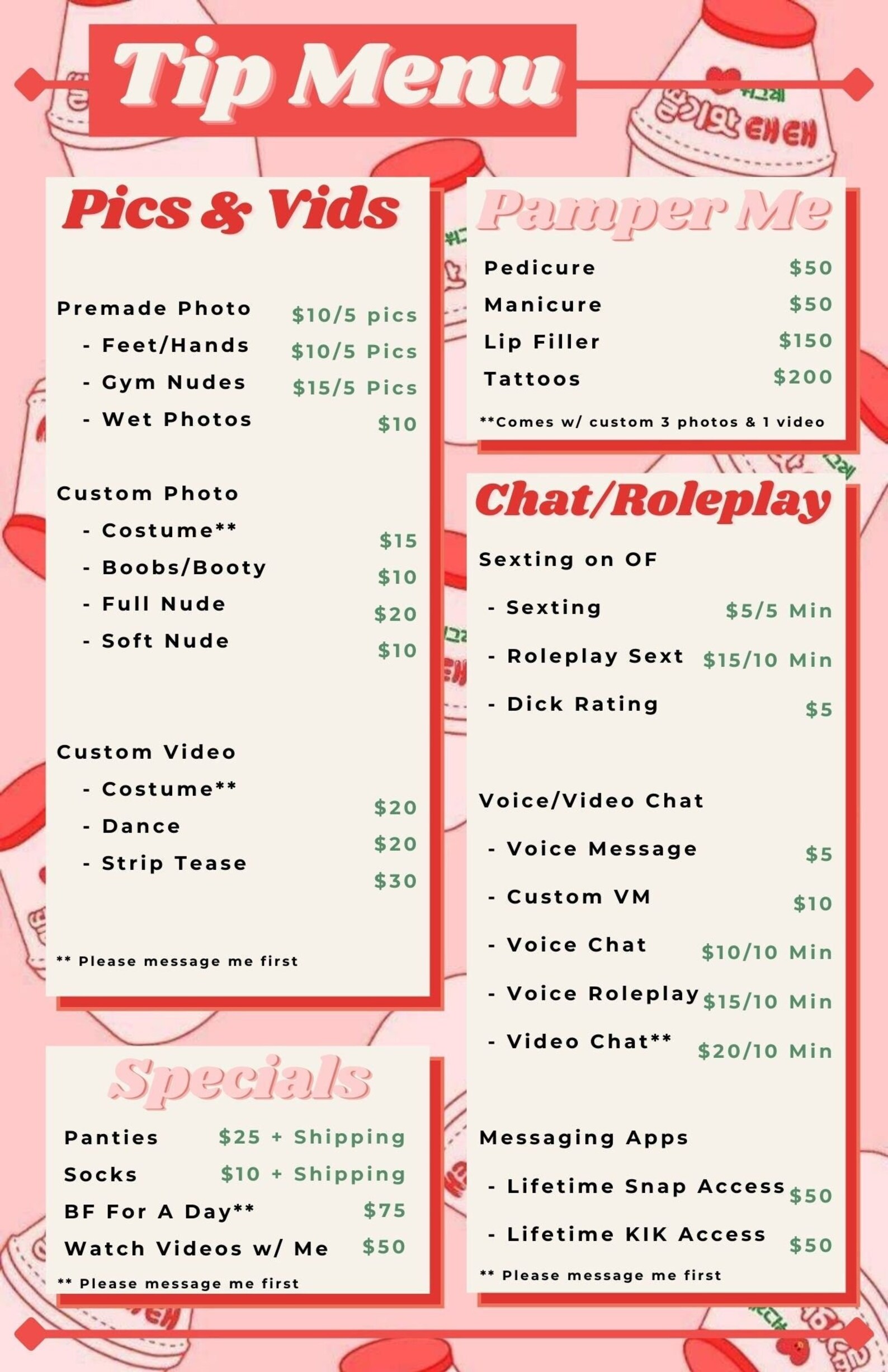 Only Fans Strawberry Milk Tip Menu Etsy
