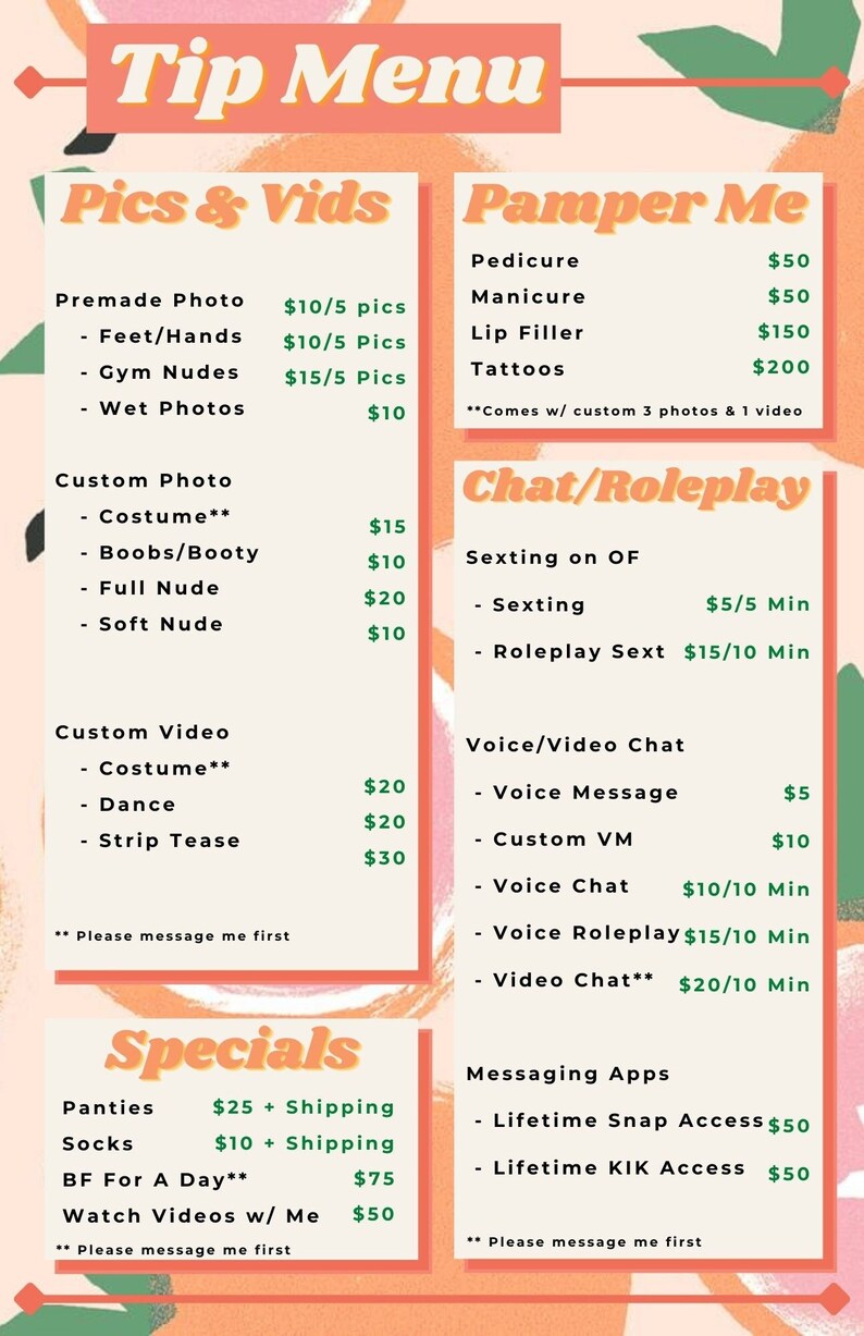 Only Fans Peaches Themed Tip Menu Etsy