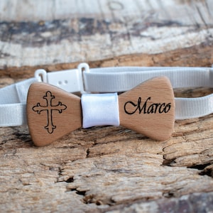 Baby Wooden Bow Tie for Baptism, Personalized Engraved Wooden Bow Tie for Boy&#39;s Christening, Bow Tie for Baptism, Christening with Name