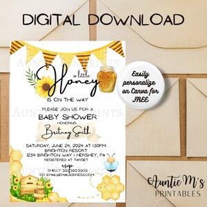 Honingbij uitnodiging | Babyshower | Canva-sjabloon | Partij | Direct downloaden | Digitale kaart | Aanpasbaar | Bijenkorf | Afdrukbaar