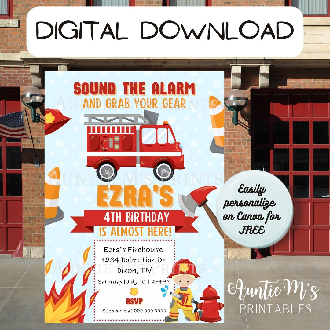 Fire Truck Invitation | Birthday Party | Canva Template | Party ...