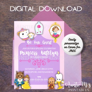 Schöne und Biest Einladung | Geburtstagsparty | Canva Template | Party | Sofort Download | Individualisierbar | Märchen | Druckbar | Prinzessin