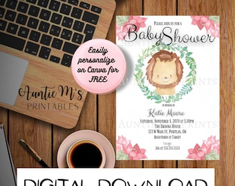 May include: A printable baby shower invitation featuring a watercolor illustration of a lion with a pink floral wreath. The text reads "Please join us for a Baby Shower in honor of Katie Moore, Saturday, November 4, 2024 at 1:30 PM, The Brooks House, 123 W Main St, Portlan, OH, Registered at Target, Jen at 555.555.5555".
