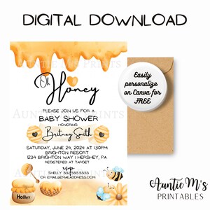 Honingbij uitnodiging | Babyshower | Canva-sjabloon | Partij | Direct downloaden | Digitale kaart | Aanpasbaar | Bijenkorf | Afdrukbaar