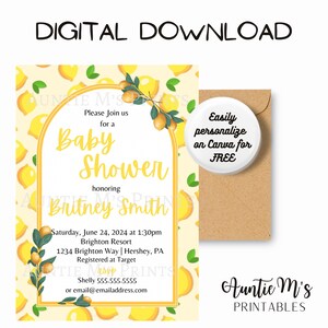 Invitación Limón / Baby Shower / Plantilla Canva / Fiesta / Descarga Instantánea / Tarjeta Digital / Personalizable / Limones / Imprimible