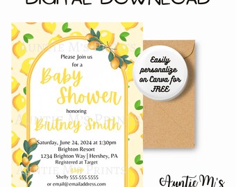 Puede incluir: Una invitación de baby shower amarilla y verde con limones y hojas. La invitación dice "Por favor, únase a nosotros para una Baby Shower en honor a Britney Smith" e incluye la fecha, la hora, el lugar y la información de RSVP.