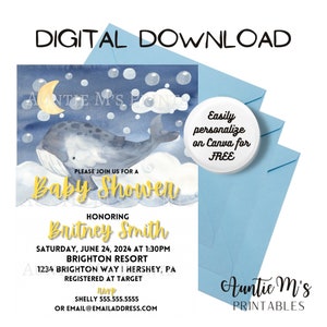 Whale Invitation | Baby Shower | Canva Template | Party | Instant ...