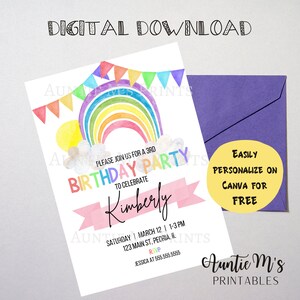Rainbow Invitation | Birthday Party | Canva Template | Party | Instant Download | Customizable | Printable