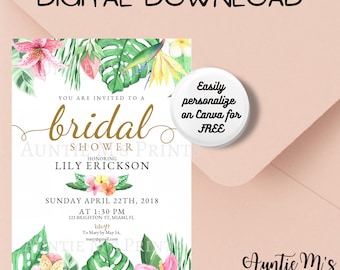 Tropical Floral Invitation | Bridal Shower | Canva Template | Party | Instant Download | Digital Card | Customizable | Wedding | Printable