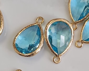 Faceted Teardrop Aqua Blue Pendant Charm – 14ct Gold Plated over Brass, 2pcs, 12×16mm Faceted Drop Charms for earring, necklace – FG22ABGD