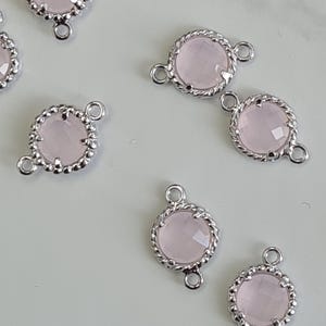 Round Faceted Pink Glass Connectors w/ Beaded Edge – Rhodium Plated over Brass, 2pcs, Double Loop Charms for Jewellery Making – FG20IPSV