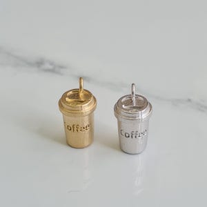Mini Coffee Cup Charm – Real 14K Gold & Rhodium Plated over Brass, 2pcs, 6×15mm Takeaway Mug Pendant with “Coffee” Text – MB224