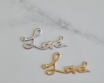 Love Script Connector Charms – Gold or Silver Plated, 2pcs, 30x15mm, Handwriting Style Word Links for Bracelets or Necklaces – MB119