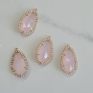 Teardrop Light Pink Pendant Charms – 14ct Gold Plated over Brass with Cubic Zirconia, 1pc, Faceted Glass Gemstone Connectors – FG13IPGD