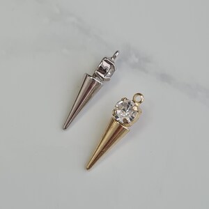Crystal Spike Drop Charms – Gold or Silver Plated, 2pcs, 15x6mm, Cone Pendant with Cubic Zirconia for DIY Jewellery – MB105