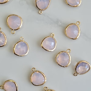 Faceted Violet Opal Teardrop Charms – 14K Gold Plated over Brass, 2pcs, 13×15mm Milky Lavender Glass Pendant for Jewellery Making – FG6VOGD