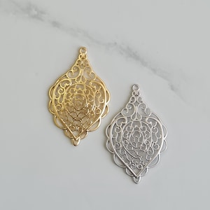 Filigree Teardrop Scroll Pendant – Real 14K Gold & Rhodium Plated over Brass, 2pcs, 23×37mm Elegant Ornate Connector Charm – MB220