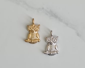 Mini Owl Pendant Charm – Real 14K Gold & Rhodium Plated over Brass, 2pcs, 16×10mm Tiny Owl Bead for Necklace or Earring Making – MB210