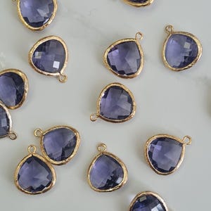 Tanzanite Faceted Glass Teardrop Charms – 16×18mm, Purple Glass with Textured Gold Edge, 2pcs, Glass Pendant for Jewelry Making – FG1GD