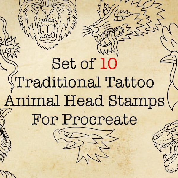 Set of 10 Traditional Tattoo Animal Head Stamps for Procreate