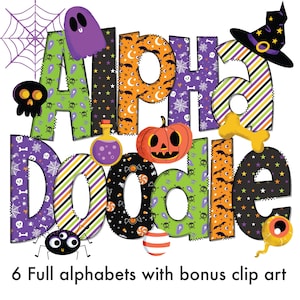 Letras de Doodle de Halloween, 6 designs PNG, download instantâneo, clipart de alfabeto digital, fonte assustadora, álbum de recortes, arte para impressão