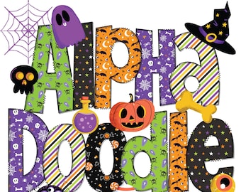 May include: Halloween themed alphabet doodle clip art with a variety of spooky and fun designs. The letters are decorated with patterns like skulls, bats, stars, and pumpkins. The clip art includes a ghost, a witch's hat, a potion bottle, a spider, a candy cane, and a pumpkin.