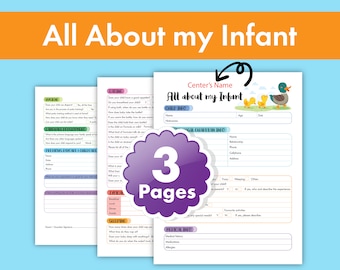 May include: A printable three-page form titled "All About My Infant" with sections for child information, legal guardian information, typical day, sleeping, and medical information. The form features a cartoon illustration of a duck family.