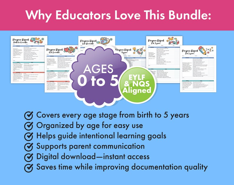 Complete bundle of preschool and daycare progress reports, designed for EYLF and NQS standards. Includes baby, toddler, and young child assessment forms in fillable PDF format for structured developmental tracking.