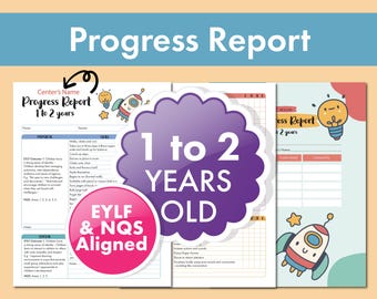 May include: A set of three colorful progress report templates for children aged 1 to 2 years old. The design includes a purple badge with the text "1 to 2 YEARS OLD" and a pink badge with "EYLF & NQS Aligned". The title "Progress Report" is displayed in a blue banner.